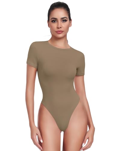 HeyNuts Women's Ultra Soft Short Sleeve Crew Neck T-Shirts Bodysuit, High Cut Thong Double Lined Sexy Tummy Control Tank Tops Bodysuit Leotard Clothing Carbon Dust XS(0/2)