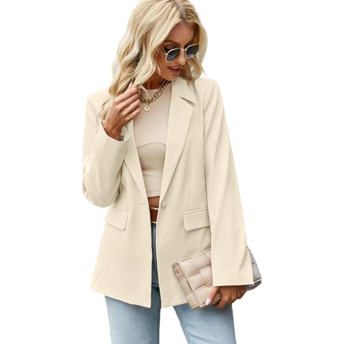 Lamgool Women's Long Sleeve Blazer Casual Open Front Office Jacket with Lapel Pockets for Work (Beige, Small)