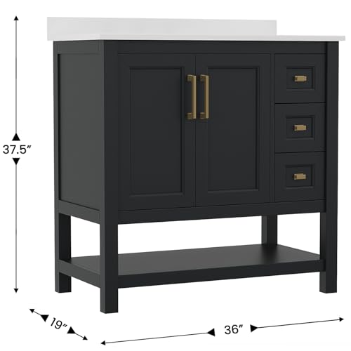 Flash Furniture Vega 36 Inch Bathroom Vanity with Sink, Storage Cabinet with Soft Close Doors, Open Shelf and 3 Drawers, Carrara Marble Finish Countertop, Black/Gold