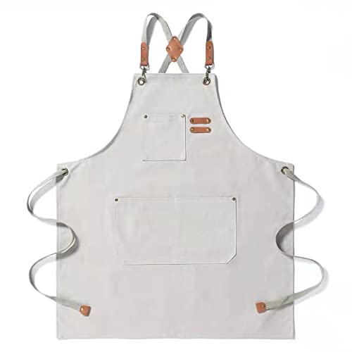 Tosewever Canvas Cross Back Chef Cotton Aprons for Men Women with Large Pockets (Beige)