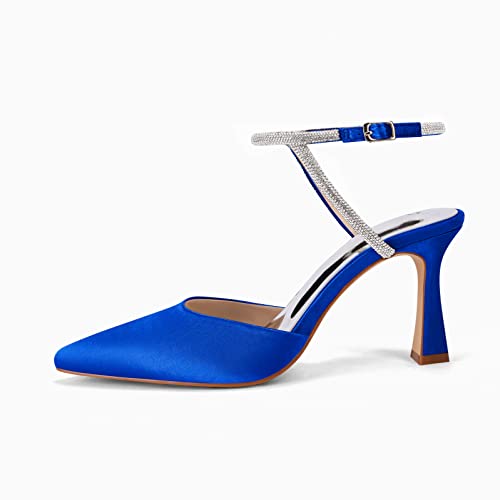 Coutgo Women Rhinestone Heels Kitten High Satin Pumps Pointed Toe Sparkly Sexy Wedding Dress Shoes Apricot