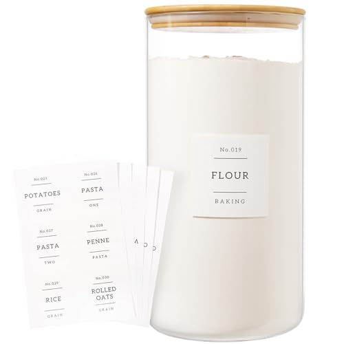 HHMJSM 1.2 Gallon Large Glass Grain Storage Container With Airtight Bamboo Lid - Kitchen Glass Storage Jars With 42 Pantry Labels - Thicken Big Clear Rice and Flour Containers For Your Pantry