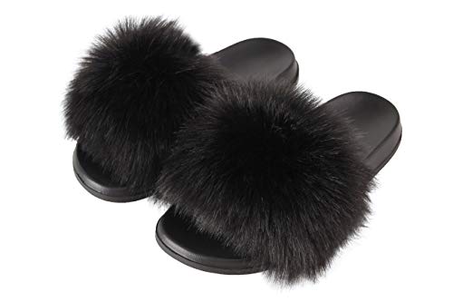 Hangrui Women's Faux Fur Slides, Open Toe Cute Fur Slippers, Comfortable Fur Sandals With Fluffy Fur (Black1, numeric_6)