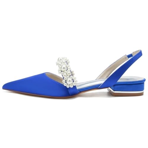 YWXYMGE Satin Pearls Wedding Shoes for Bride Flat Pointed Toe Women Slingback Flats-Black-7