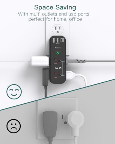 Surge Protector Outlet Extender - with Rotating Plug, 6 AC Multi Plug Outlet with 3 USB Ports, 1800J Wall Charger, 3-Sided Power Strip with Spaced Outlet Splitter for Home, Office, Travel （Black）