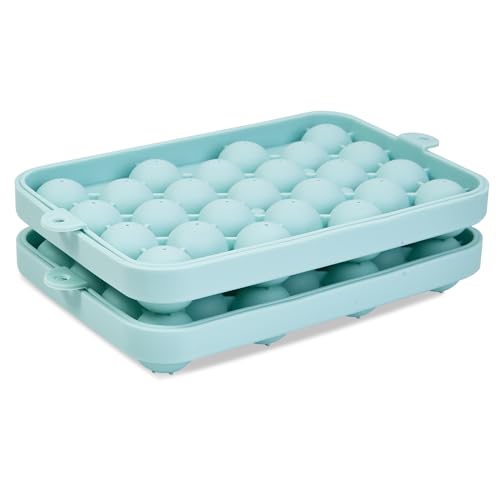 2 Pcs Ice Cube Tray - Stackable Round 25-Ball Silicone Ice Cube Molds with Silicone Lid, Easy to Release, BPA-Free for Chilled Beverages, Whiskey, and Cocktails (Blue)