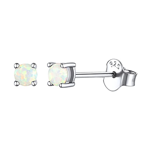 ChicSilver Opal Earrings White Gold Plated Sterling Silver Round Cut Created White Opal Stud Earrings for Women 3mm October Birthstone Small Cute Opal Jewelry