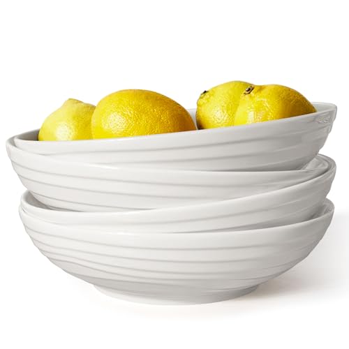 Artena Pasta Bowls 32oz, Ceramic Large Salad Bowls 8 inch, Soup Bowls Set of 4, White Serving Bowls for Entertaining, Wide Shallow Dinner Bowls Plates, Microwave Dishwasher Oven Safe, Embossed Circle