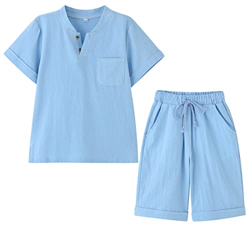 POBIDOBY Boy's T-shirt and Shorts Set Cotton Linen Summer Short Sleeve Children Two Pieces Clothing Sets (Blue, 4T, 4_years)