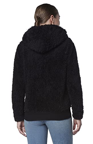 Andrew Marc Women's Teddy Fleece Full Zip Hooded Jacket, Black (Faux Fur), Small