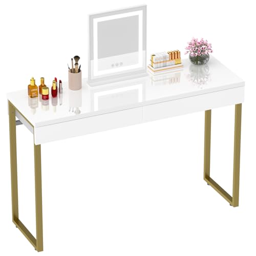 GreenForest Vanity Desk with 2 Drawers,39 inch White Desk with Glossy Desktop Easy Clean,Makeup Dressing Table with Metal Gold Legs for Home Office Small Spaces,Bedroom