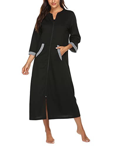 Ekouaer Women Zipper Robe 3/4 Sleeves Loungewear Dress Full Length Sleepwear Pockets Housecoat Nightgown Long Bathrobe