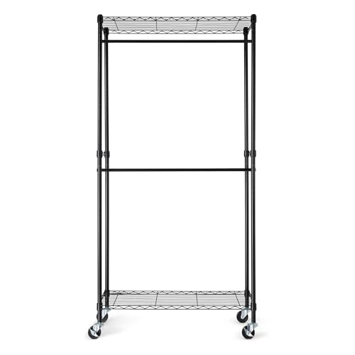 Amazon Basics Adjustable, Double Hanging Rod Garment Rolling Closet Organizer Rack with Wheels, Heavy Duty, Black, 36'' x 14'' x 72'', WI-GAR1436B