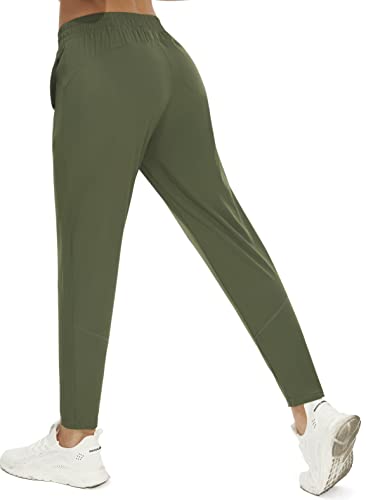 PERSIT Womens Joggers Pants with Pockets, Workout Lightweight Quick-Dry Running Athletic High Waisted Tapered Casual Hiking Pants - Army Green - XS