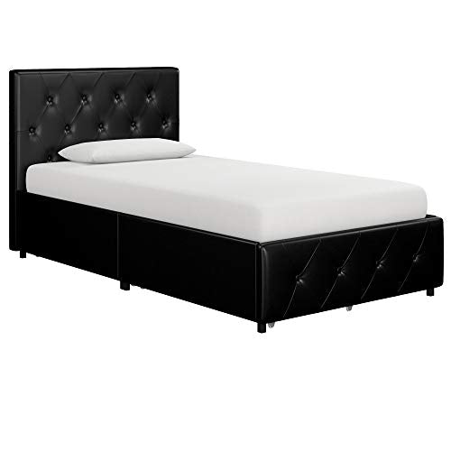 DHP Dakota Upholstered Platform Bed with Underbed Storage Drawers and Diamond Button Tufted Headboard and Footboard, No Box Spring Needed, Twin, Black Faux Leather