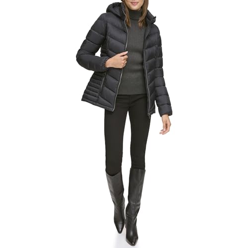 DKNY Women's Puffer, Light-Weight Hooded Black