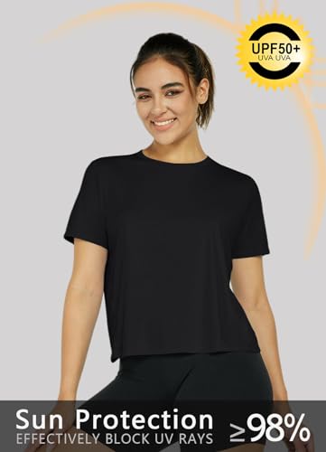 Hiwzffy Women's Workout Shirts Short Sleeve Cropped Split Back Athletic Tops Active Running Gym Quick Dry Sun Shirts UPF 50+ Black XS