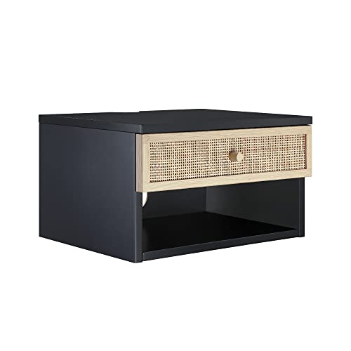 Nathan James Jackson Wall Mounted Rattan Floating Bedroom Nightstand with Storage Drawer and Modern Open Shelf Cubby, Black/Rattan