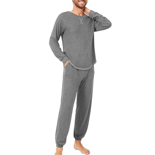 Cysincos Mens Pajama Set Long Sleeve Classic Raglan Sleepwear Loungewear with Long Drawstring Pants Navy Blue M