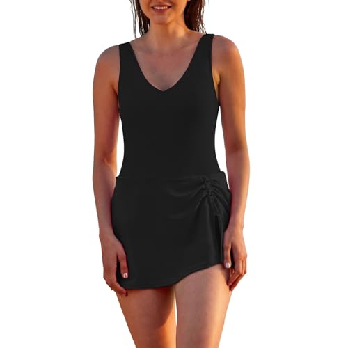 Jollkichay One Piece Swimsuit Tummy Control Swim Dress Slimming Bathing Suit with Skirt Ruched Swimsuits for Women Long Torso One Piece Swimdress Modest Womens Swimsuit with Skirt Black 2-4