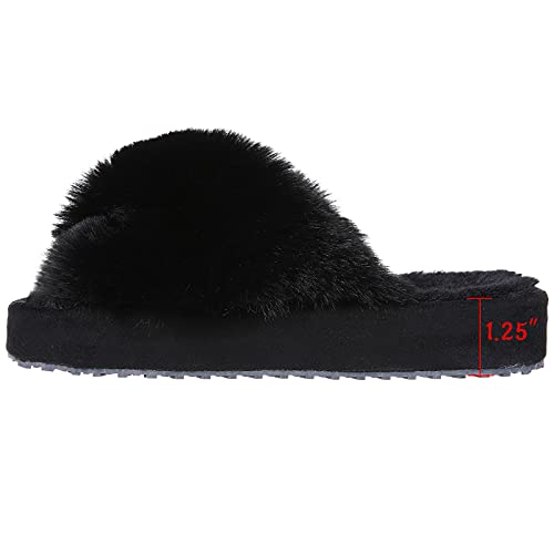 Girl's Soft Plush Lightweight House Slippers Non Slip Cross Band Slip on Open Toe Cozy Indoor Outdoor Slippers BK30 Black