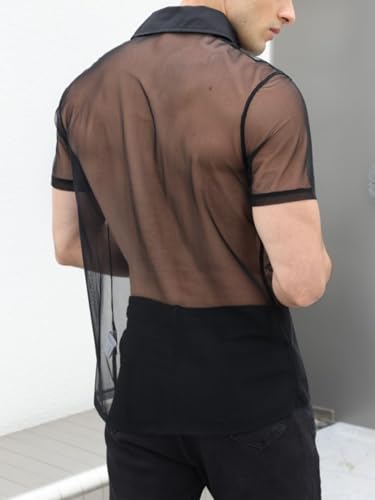 Verdusa Men's Sheer Mesh Button Up Shirt See Through Short Sleeve Top Black X-Small