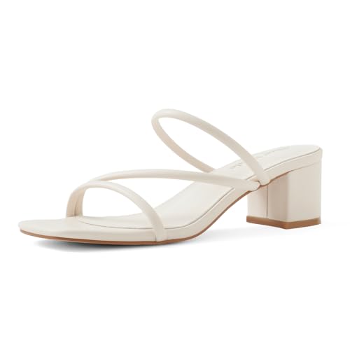 Shoe'N Tale Strappy Heels For Women Low Chunky Block Heel Heeled Sandals Square Open Toe Slip On Slides Mules(6,Natural Nude)