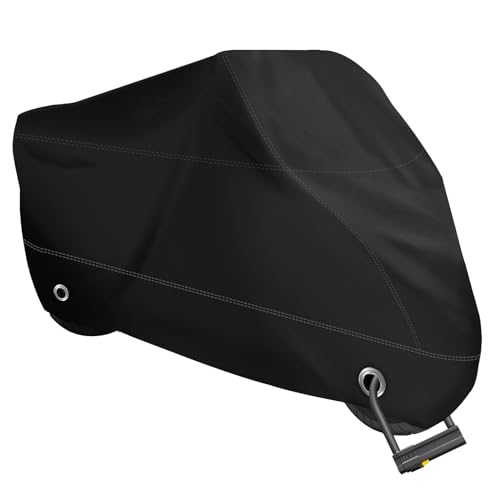 XYZCTEM Motorcycle Cover -Waterproof Outdoor Storage Bag,Made of Heavy Duty Material, Fits up to 87" Harley Davison and All Motors(Black& Lockholes& Professional Windproof Strap)