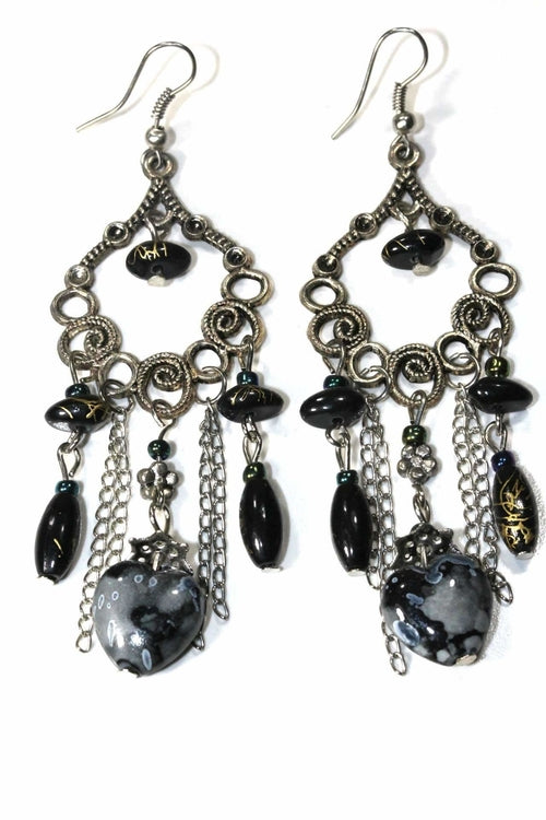 Marbled Beads Scroll Work Dangler Earrings