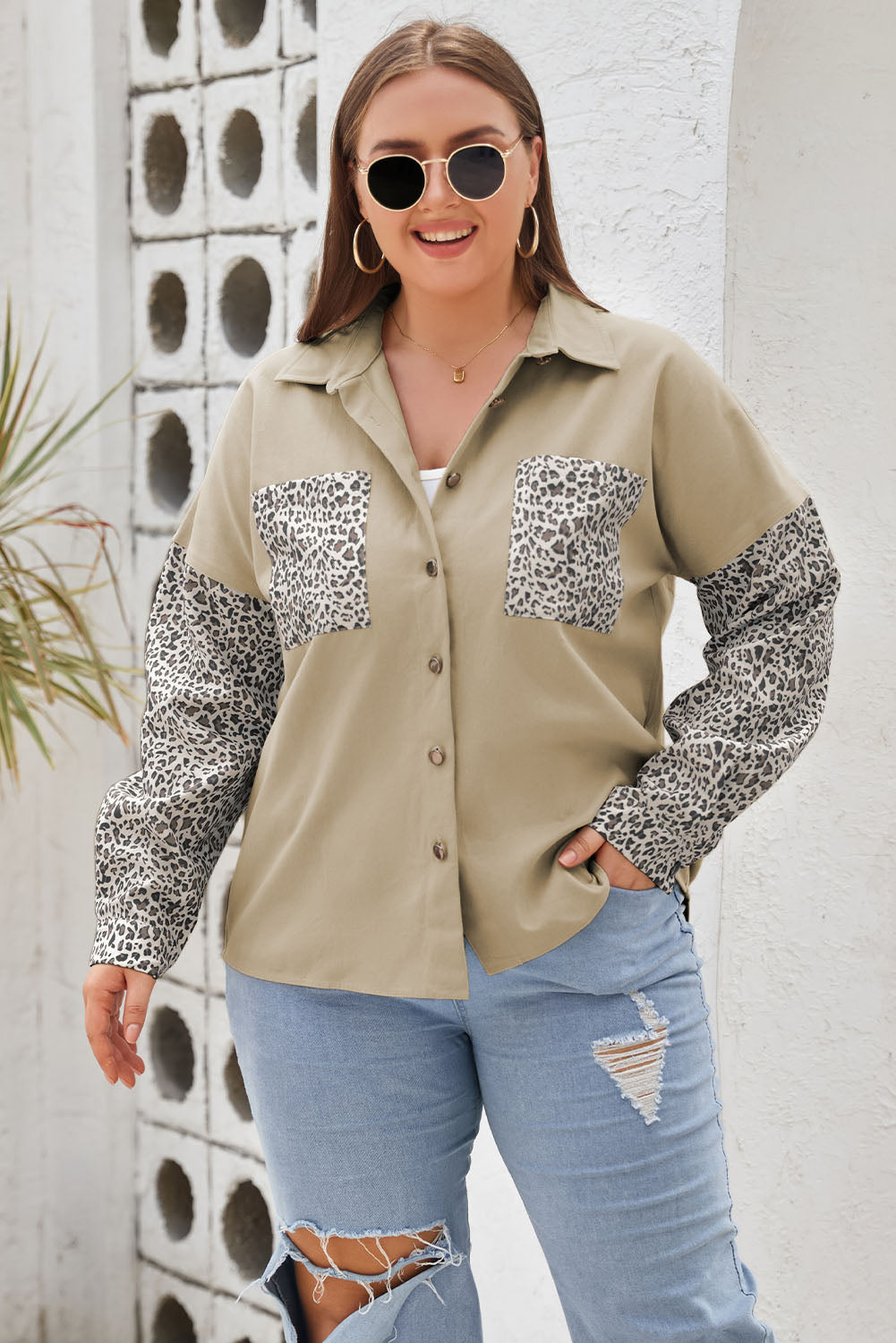 Khaki Plus Size Leopard Patchwork Shacket