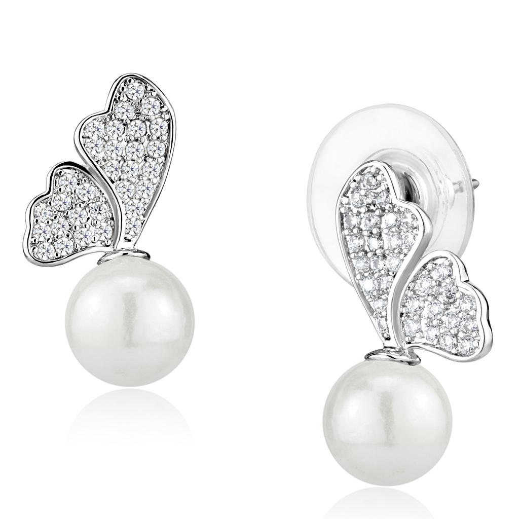 3W1299 Rhodium Brass Earrings with Synthetic Pearl