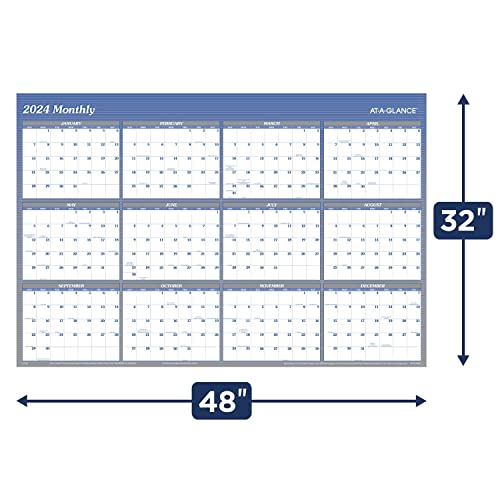 AT-A-GLANCE 2024 Wall Calendar, Dry Erase Monthly Wall Planner, 12 Month, 48" x 32", Extra Large, Vertical/Horizontal, Reversible, Blue (A1152-24)