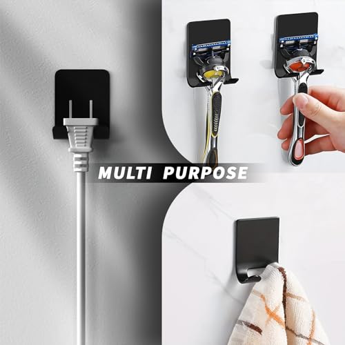 Razor Holder Shaver Hook Hanger Stand Self Adhesive Stainless Steel Utility Storage Hook Shower Hook For Razor Bathroom Kitchen Organizer For Plug Robe Towel Loofah Bathrobe Coat-4 Packs (Black)
