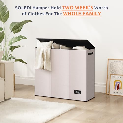SOLEDI 180L 3-Section Laundry Hamper with Lid, Extra Large Dirty Clothes Basket with Sturdy Handles for Laundry Room & Bedroom - Durable Organizer for Sorting Laundry