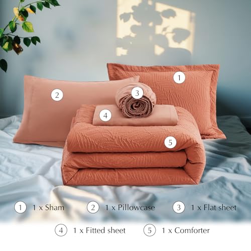 Geniospin Twin Comforter Set - 5 Pieces Burnt Orange Bedding Set, Botanical Textured Comforter Set, All Season Lightweight Bed in a Bag with Comforter, Sheets, Pillowcases & Shams