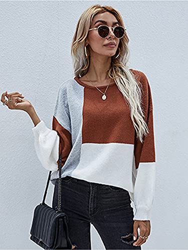 ECOWISH Women Sweater Long Sleeve Color Block Knit Pullover Sweaters Crew Neck Patchwork Casual Loose Jumper Tops Red Medium