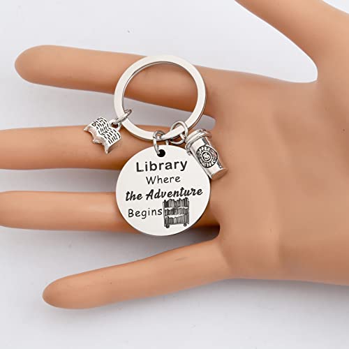 FEELMEM Library Where the Adventure Begins Keychain Librarian Gifts Bookworm Jewelry Reading Book Club Keychain Librarian Gift Reading Lover Gift (Library Where-ky)