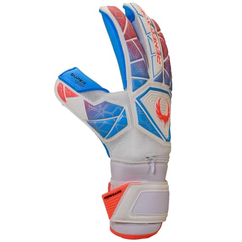Renegade GK Vortex Nitro Goalie Gloves | 3.5+3mm Hyper Grip & 4mm Duratek | White, Blue & Pink Goal Keeper Gloves (Size 10, Adult, Mens, Roll Cut, Level 3)