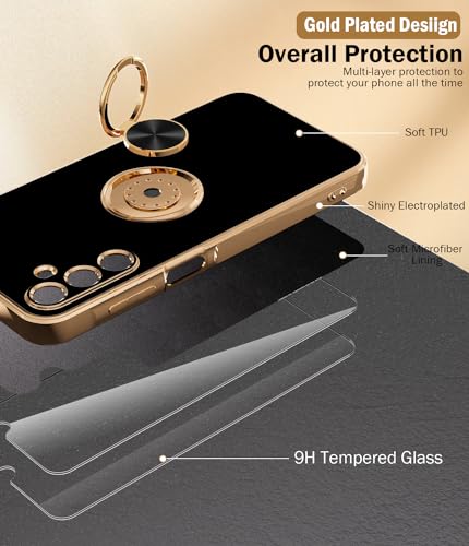 Jasmeas for Samsung Galaxy A35 5G Case with Screen Protector [2 Pack], 360° Rotatable Ring Holder Plating Rose Gold Edge Magnetic Kickstand Women Men Protective Cover for Samsung A35 5G Case Black