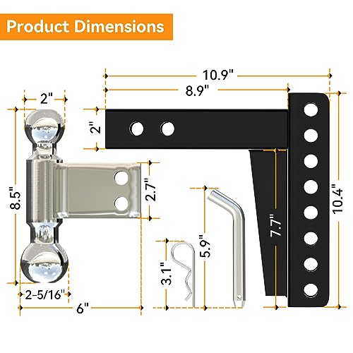 ORCISH Trailer Hitch Tri-Ball Mount with Hook & Pin, Trailer Ball Size 1-7/8", 2" and 2-5/16", Fit 2 Inch Hitch Receiver, 2/3 in 1 Ball Truck Hitch, Tow Hitch