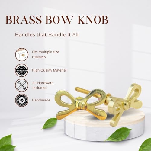 Perilla Home Set of 6 Brass Bow Knobs for Cabinet & Drawers Decorative Bow Knobs for Home Kitchen Cabinet Hardware Cupboard Metal knobs Door Dresser Wardrobe and Drawer Pulls