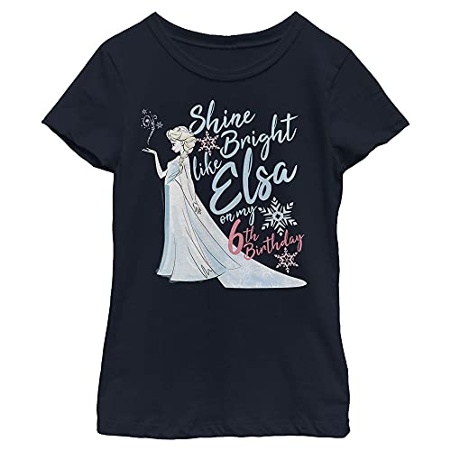 Disney Frozen Birthday Queen Six Girl's Solid Crew Tee, Navy Blue, X-Small