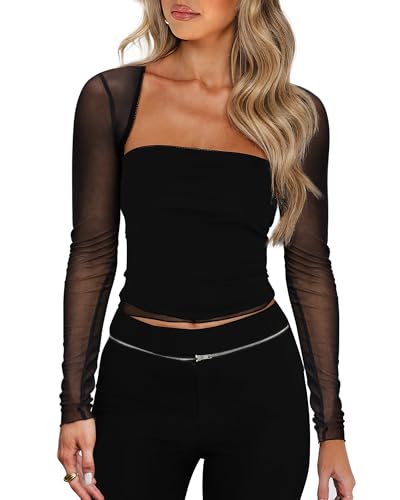 WIHOLL Womens Crop Top T Shirt Strapless Tube Top and Bolero Set Black Long Sleeve Lace Mesh Tops Slim Fit Y2k Shirt Lightweight Cardigan Party Clubwear Black S