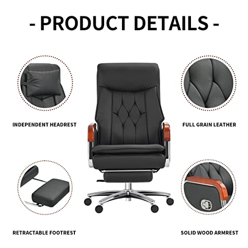 Kinnls Cameron Massage Chair Genuine Leather Executive Office Chair for Long Hours Ergonomic Home Chair Fully Reclining with Pillow,Retractable Footrest and Adjustable Headrest (Cowhide Leather-Black)