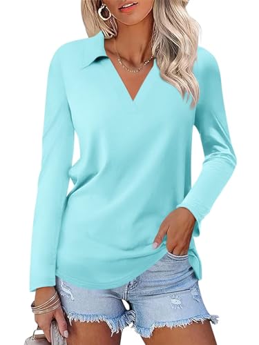 ORANDESIGNE Women's Long Sleeve Polo Shirts Casual Color Block V Neck Tops Fall Collar Ladies Tunics Tees