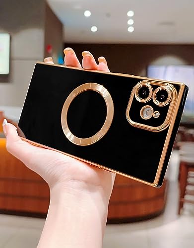 Tzomsze Case Compatible with iPhone 11 Case Women Men with Camera Lens Protection,[Compatible with MagSafe] Magnetic Cute Slim Luxury Plating Soft TPU Reinforced Corners Cover Case Black