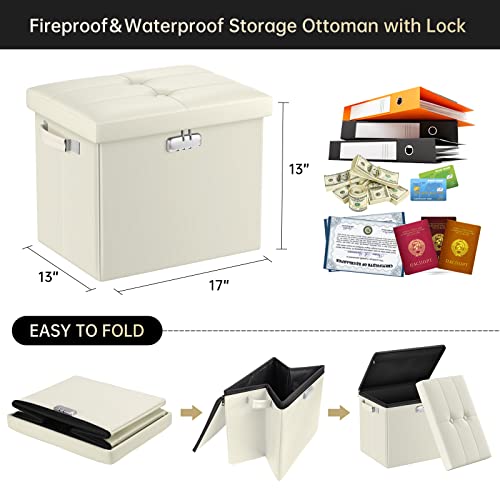 DocSafe Storage Ottoman with Lock,Fireproof＆Waterproof 17 Inches Folding Storage Box with Handles Safe for Important Documents,Leather Storage Ottoman Storage Chest for Living Room,Bedroom,Beige