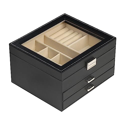 BOOVO Clear Lid Jewelry Box,3 Layers Jewelry Organizer Large Multi-Functional Jewelry Storage Box with 2 Drawers,Jewelry Display Case of Rings Earrings Necklace Bracelets for Women Girls (Black)