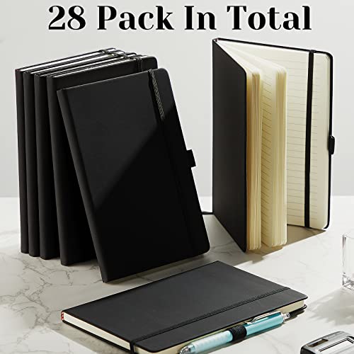 28 Pack Lined Notebook Journal Bulk A5 Hardcover Notebook PU Leather College Ruled Notepad 5.5 x 8.2 Inch Ruled Lined Journal Set With Pen Holder for School Business Work Travel Writing(Black)