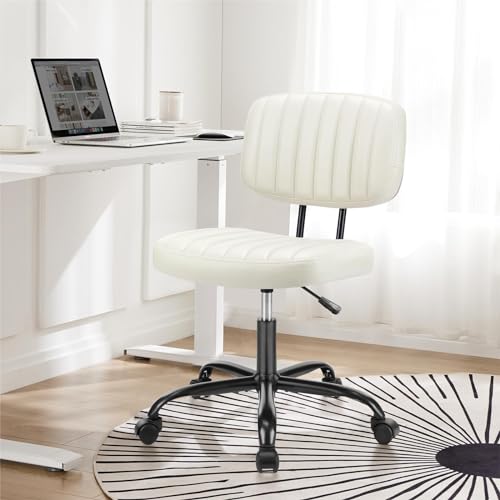 DUMOS Armless Home Office Chair Ergonomic Desk with Comfy Low Back Lumbar Support, Height Adjustable PU Leather Computer Task with 360° Swivel Wheels, for Small Space, Kids and Adults, Beige White